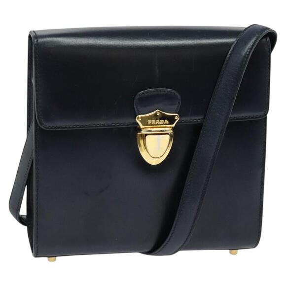 PRADA Shoulder Bag Leather Navy Gold - Picture 1 of 12